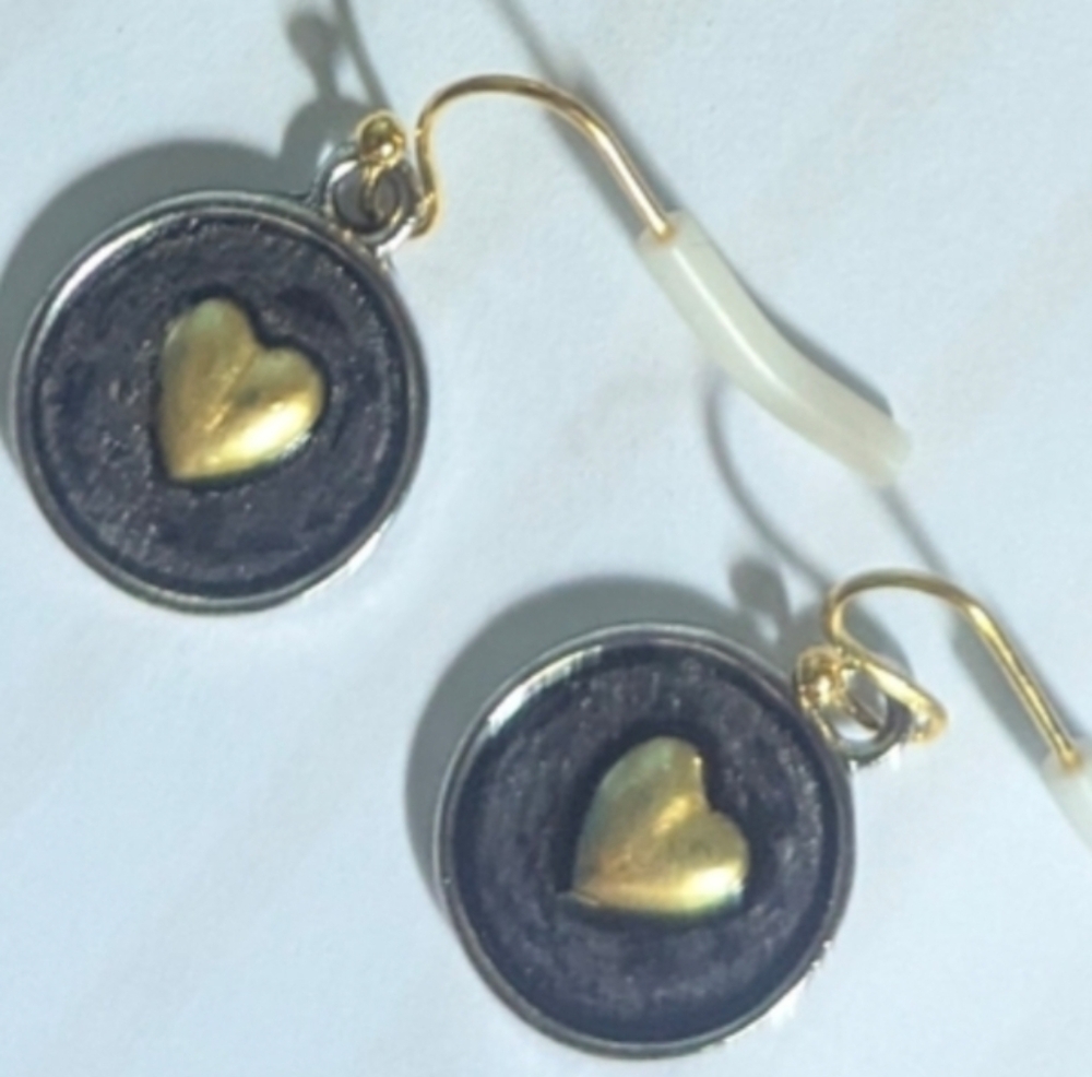 Mixed Metal Shadowbox Heart Drop Earrings - Nickel Free